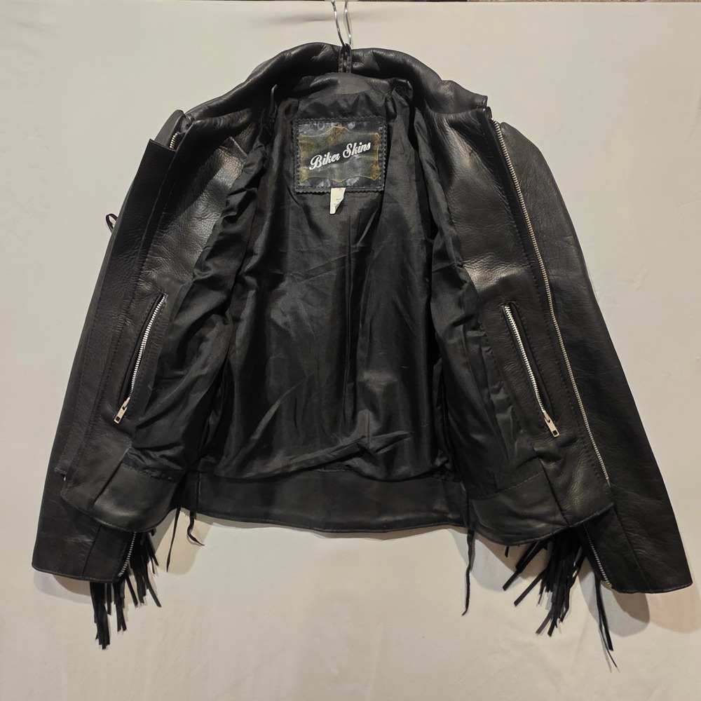Biker Skins Genuine Leather Fringe Jacket Womens Size 6 Black Western Concho